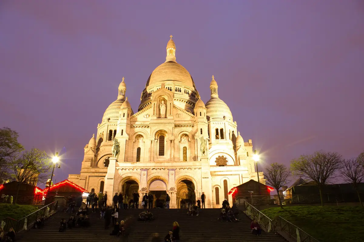 The basilica floodlit at dusk